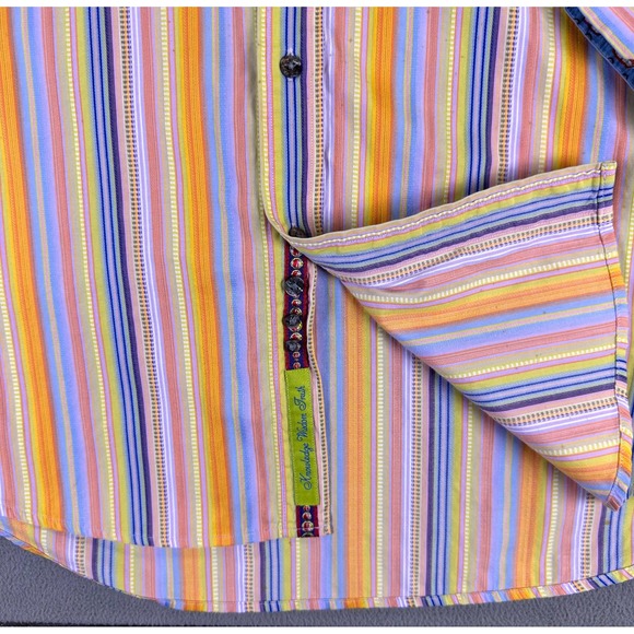 Robert Graham Shirt 2XL Pink Orange Blue Stripe Cars Colorful Flip Cuff STAIN - Picture 7 of 13